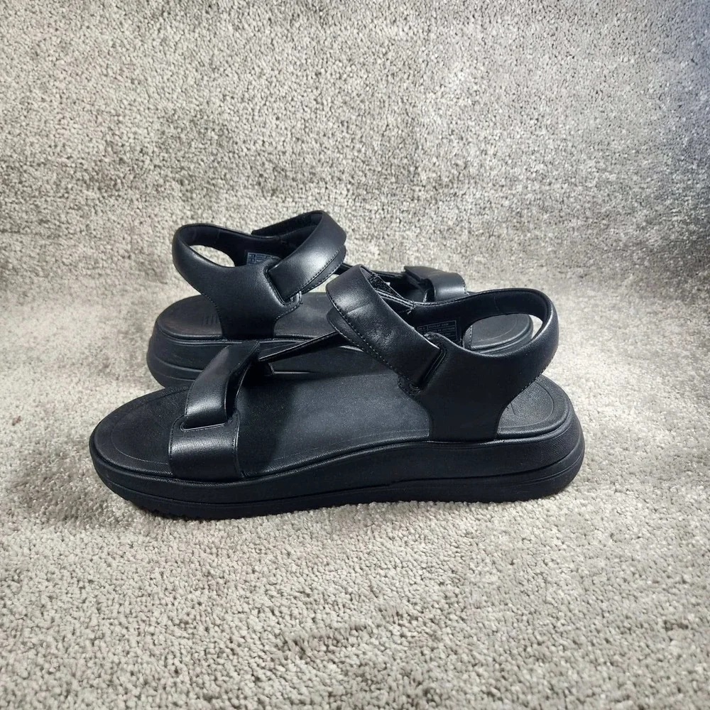 FitFlop Surff Adjustable Leather Back-Strap Sandals Black Womens 10